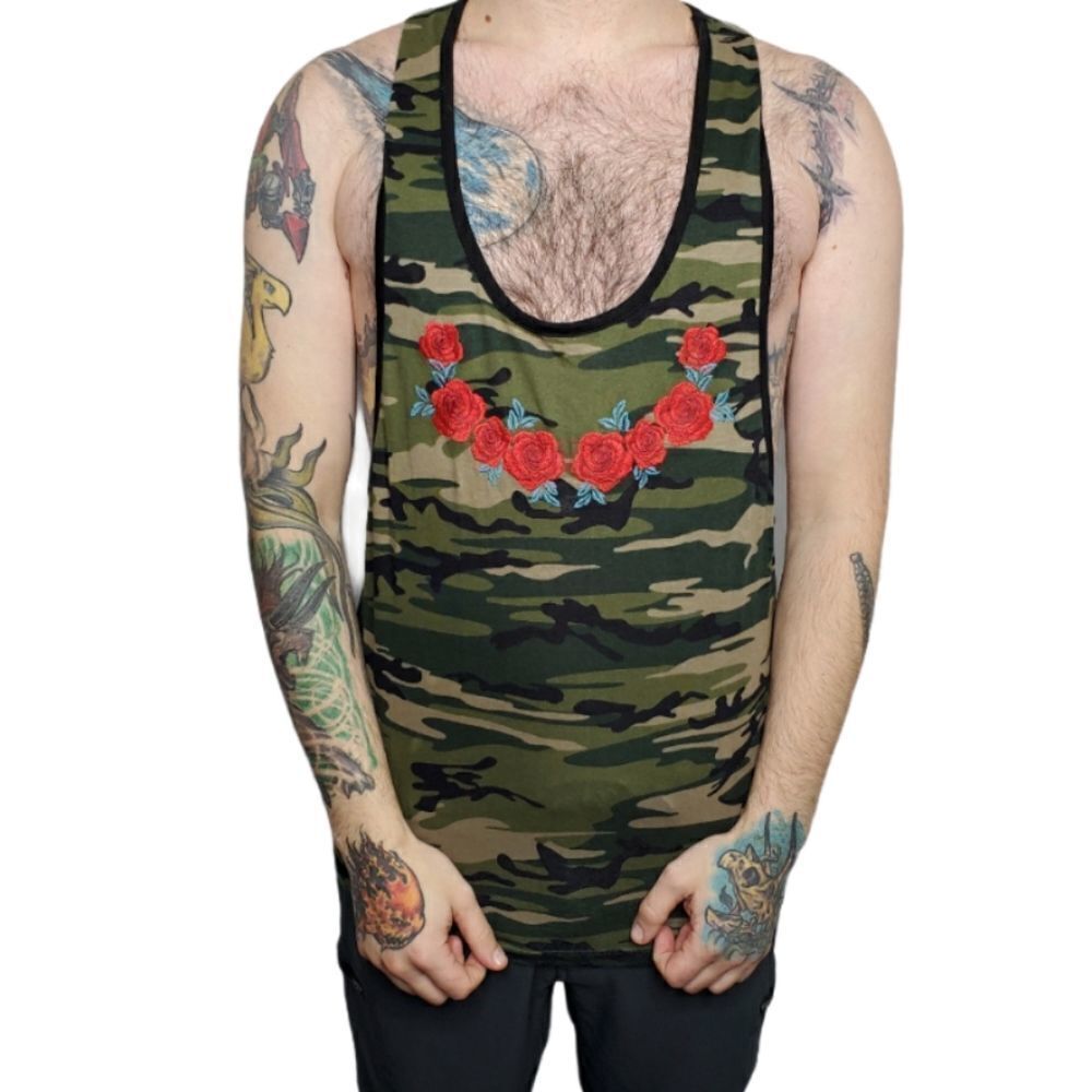 ASOS camouflage embroidered‎ roses racerback cotton tank top M